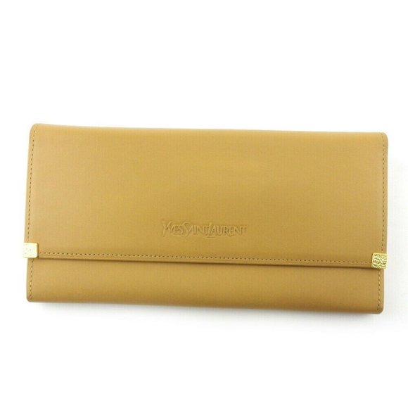 Auth Saint Laurent Long Wallet Logo Beige Leather - Picture 1 of 8